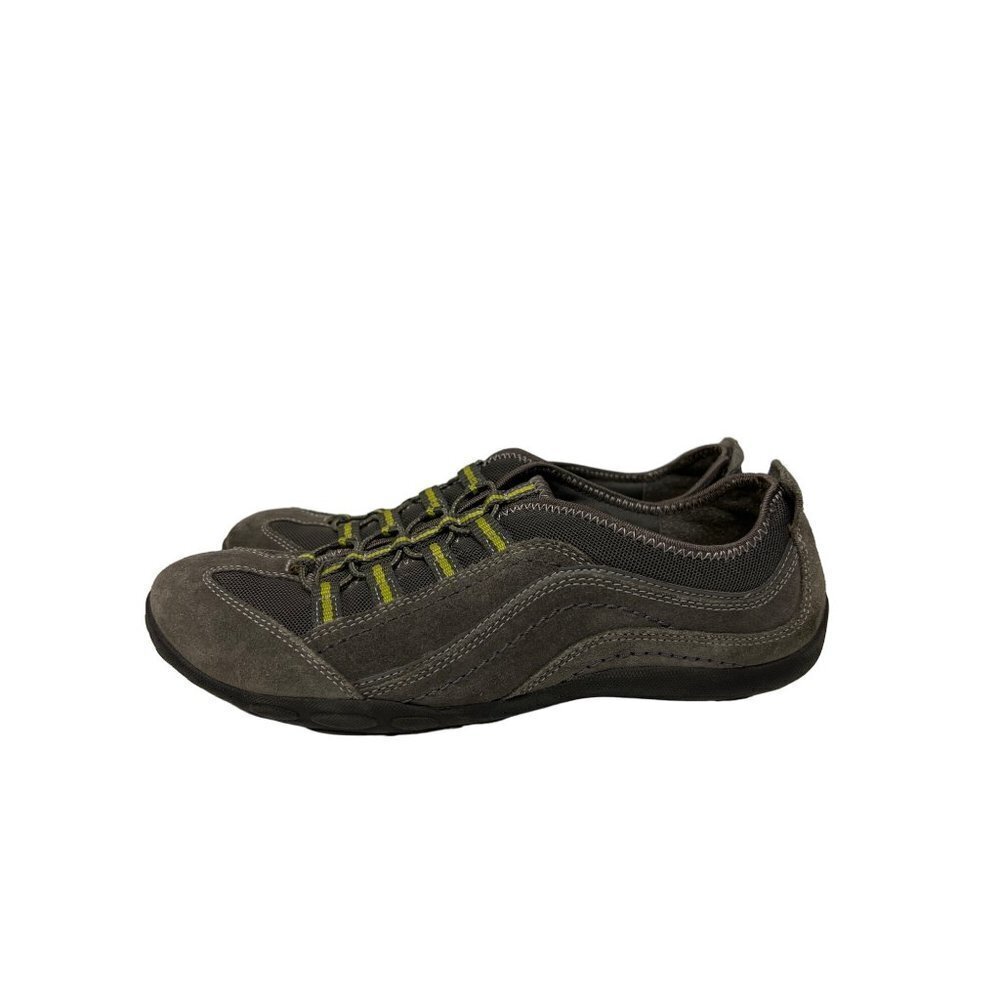 Clarks Suede Grey Green Easy Slip On Bungee Casual Sneakers Women's Size 9.5